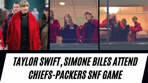 Taylor Swift and Simone Biles attend the Chiefs-Packers Sunday Night Football game.